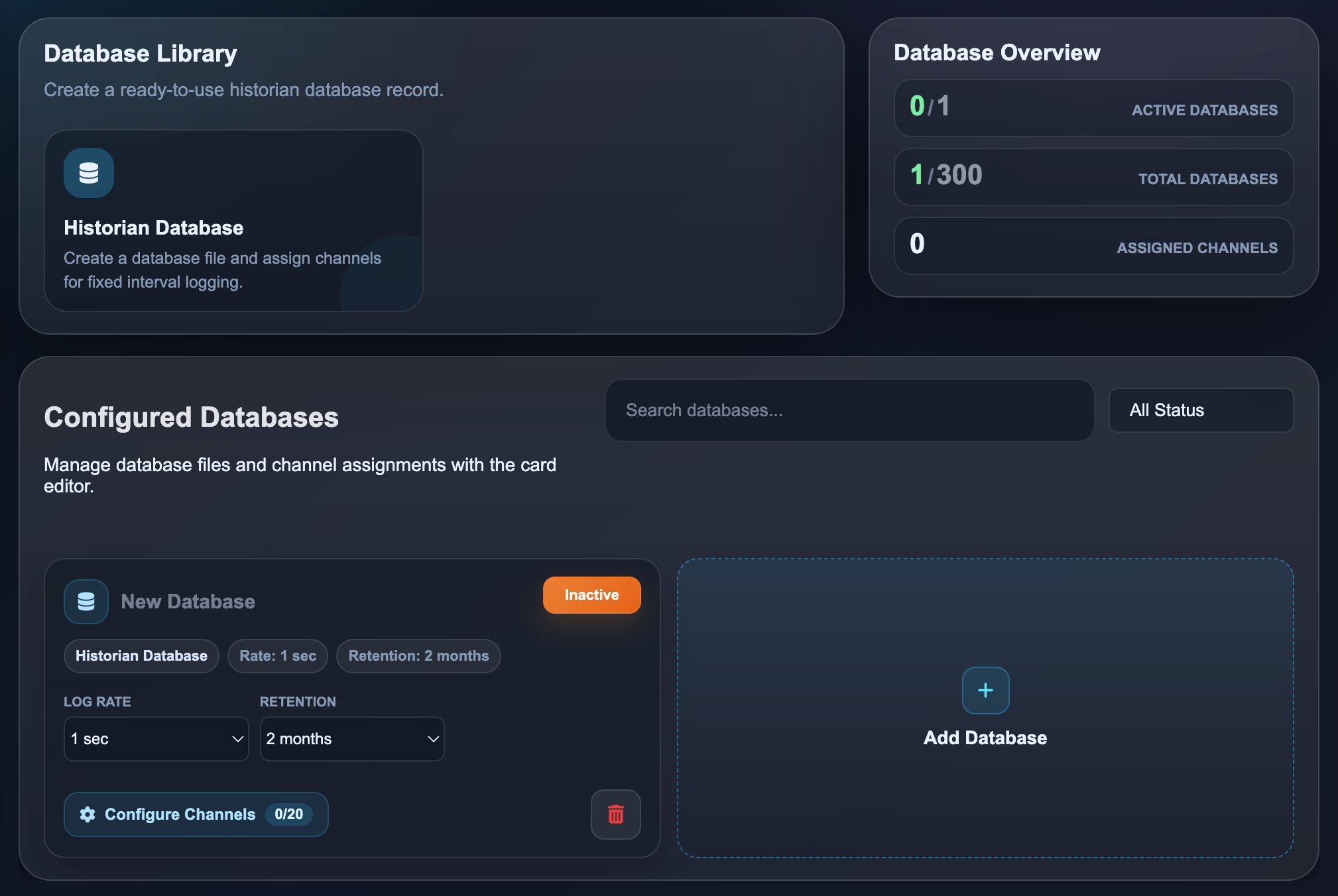 MeasureSphere Datalogging and Historian Database screen